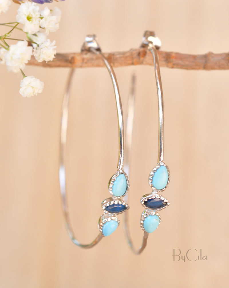 Yeda Hoop Earrings * Turquoise & Sapphire * Gold Plated 18k, Silver Plated or Rose Gold Plated * BJE018A
