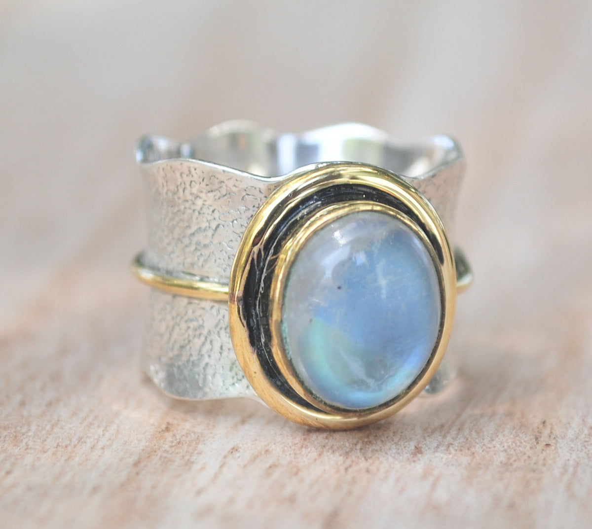 Moonstone ring * Sterling silver ring * Gold Vermeil ring * Wide ring * Handmade ring * Wave band ring * Gemstone* Rainbow Moonstone BJR205