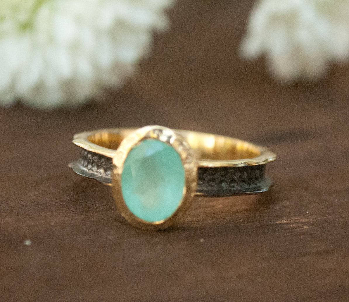 SALE Aqua Chalcedony Ring * Moonstone Ring * Statement Ring * Teal stone *Sterling Silver Oxidized *Boho *Mix Metals Ring * Gold Ring BJR156