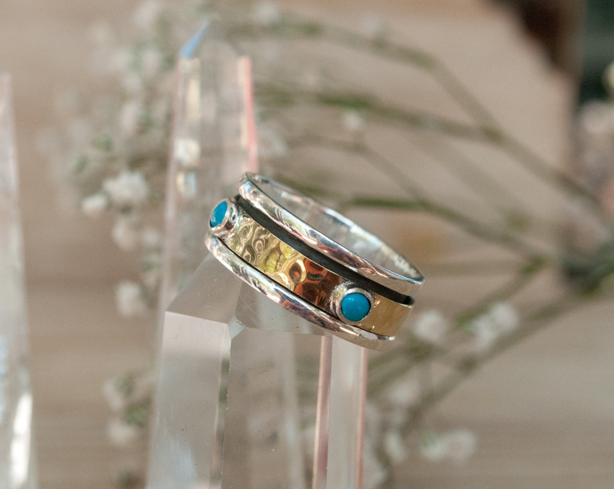Turquoise Ring * Meditation * Spinner * Spinning * Anxiety * Hammered * Worry * Boho * Spin * Statement * Thin Band * Sterling Silver BJS009