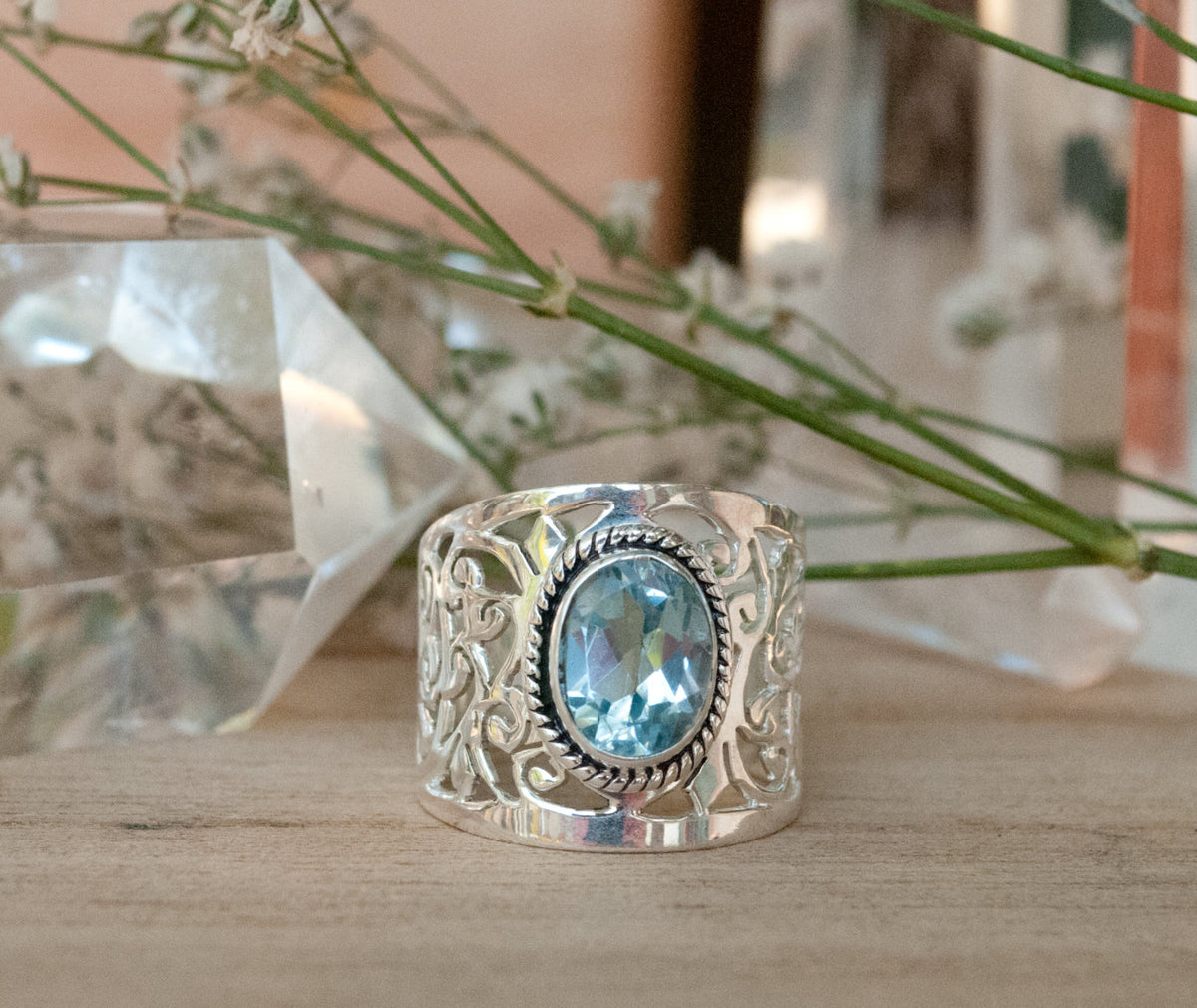 Blue Topaz Ring * Sterling Silver 925 * Filigree * Gemstone * Statement * Jewelry * Bycila * Gift For Her * Large Band BJR187