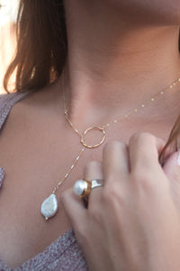 Adriana Lariat Necklace * Fresh Water Pearl * Mix Metals * BJN062