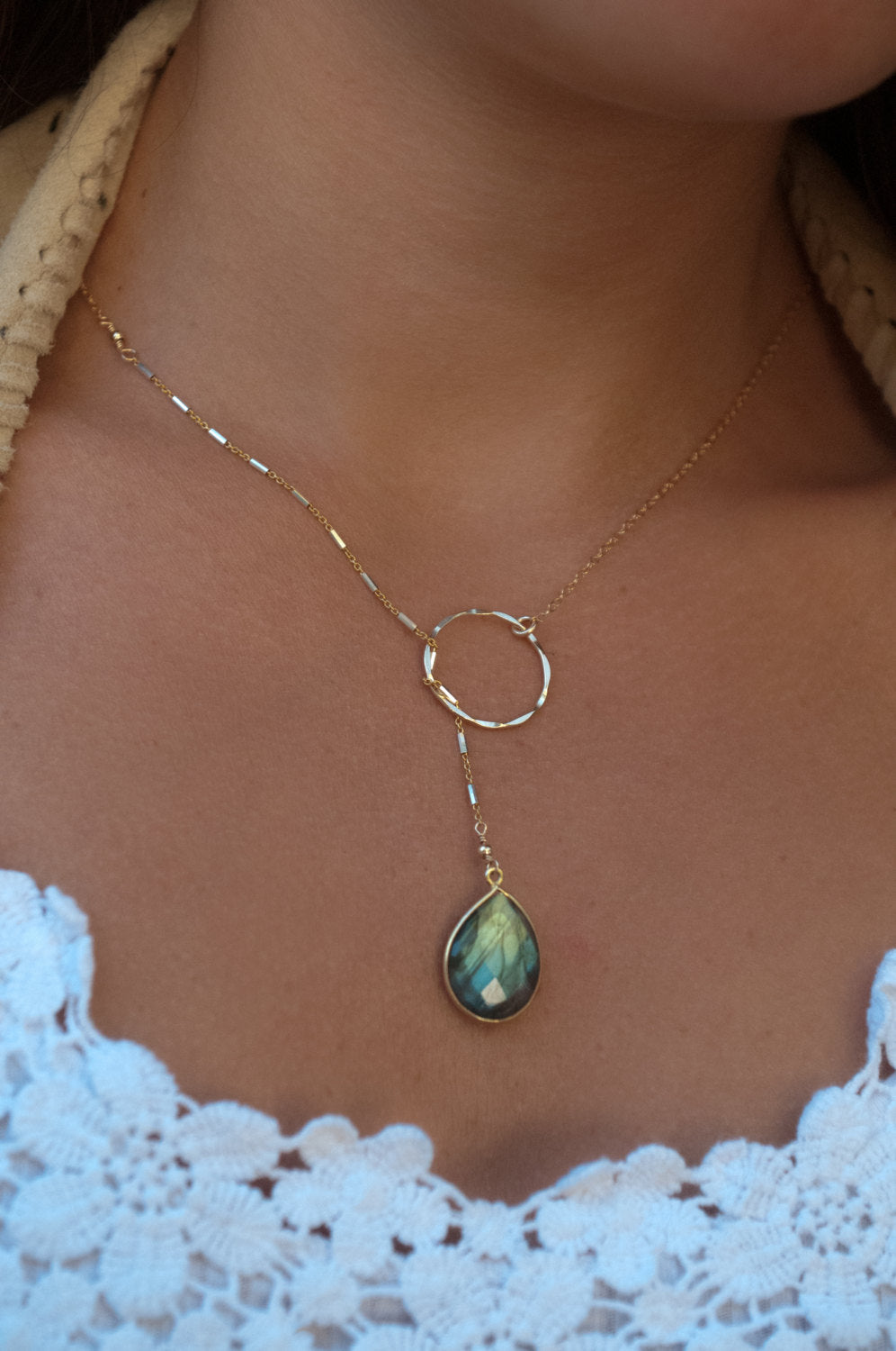 Rainbow Labradorite * Tear Drop * Lariat Necklace * Gold * Silver * Mix Metals * Gemstone * Statement * Bycila *Bridesmaid * BJN001-1