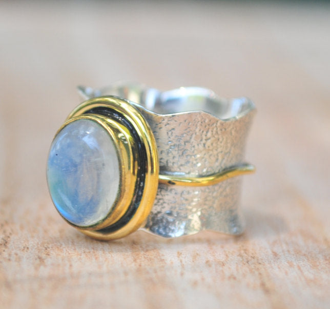 Moonstone ring * Sterling silver ring * Gold Vermeil ring * Wide ring * Handmade ring * Wave band ring * Gemstone* Rainbow Moonstone BJR205