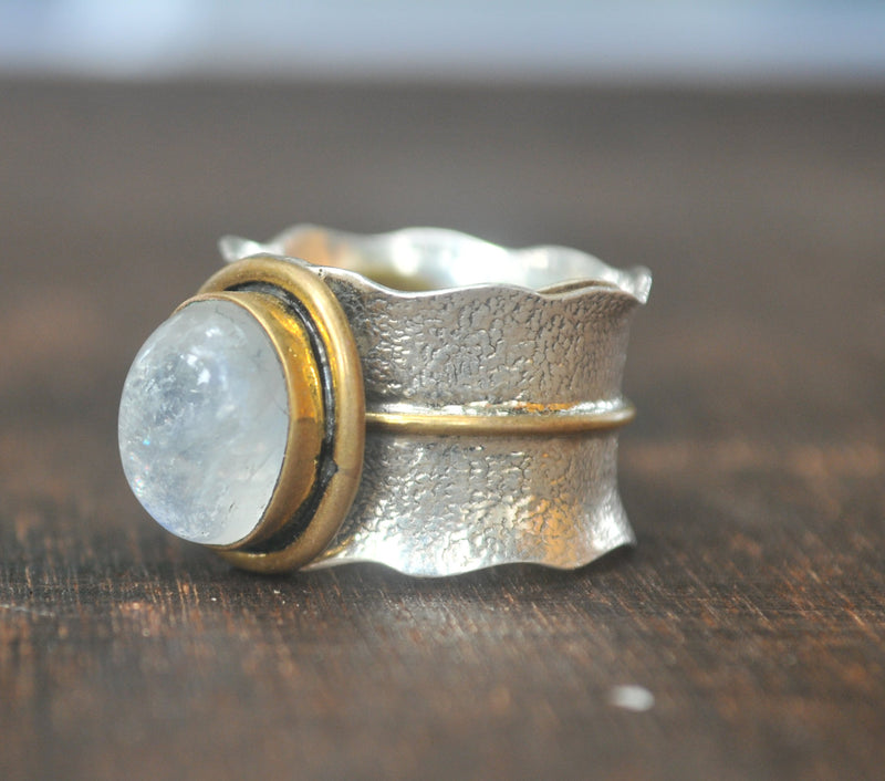 Moonstone ring * Sterling silver ring * Gold Vermeil ring * Wide ring * Handmade ring * Wave band ring * Gemstone* Rainbow Moonstone BJR205