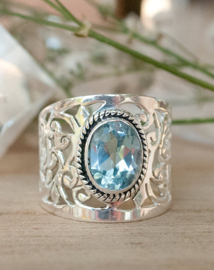 Blue Topaz Ring * Sterling Silver 925 * Filigree * Gemstone * Statement * Jewelry * Bycila * Gift For Her * Large Band BJR187