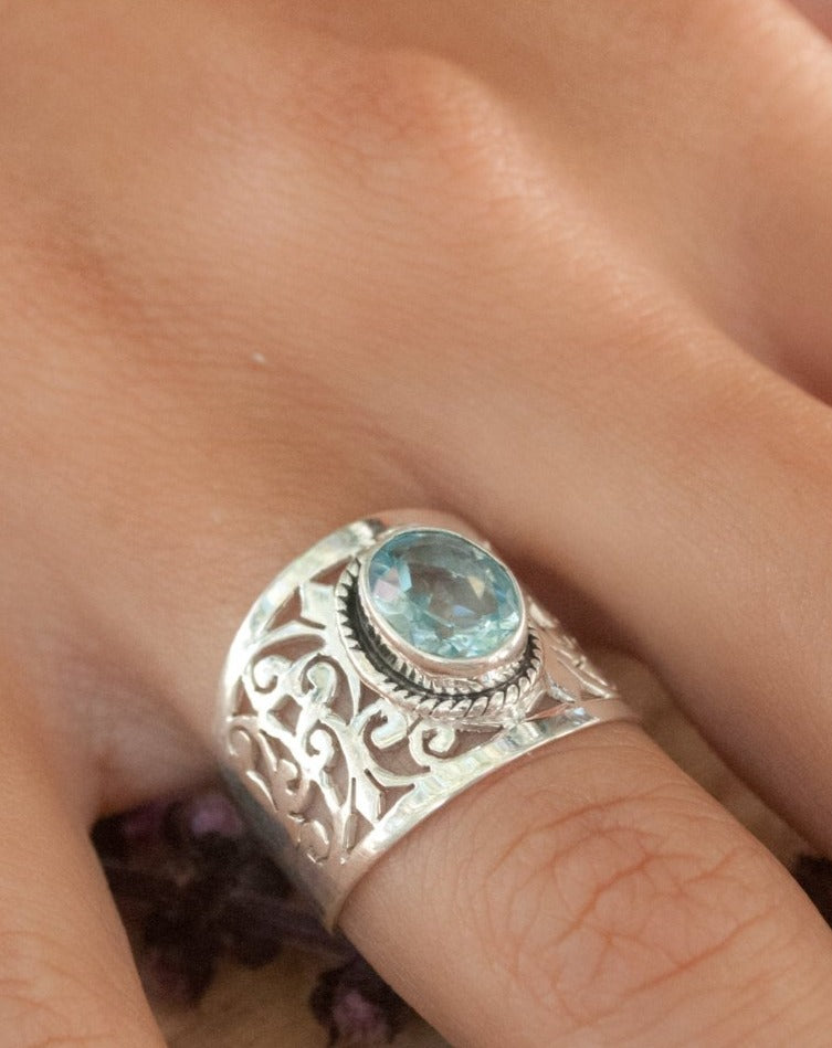 Blue Topaz Ring * Sterling Silver 925 * Filigree * Gemstone * Statement * Jewelry * Bycila * Gift For Her * Large Band BJR187