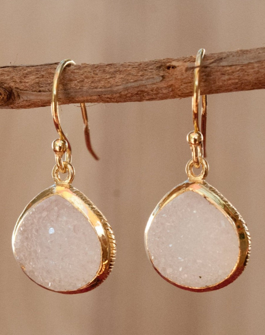Lihue Earrings * White Druzy * Gold Plated 18k or Sterling Silver 925 * BJE064A
