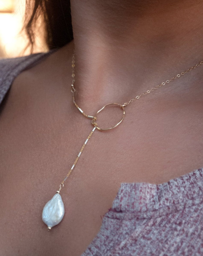 Adriana Lariat Necklace * Fresh Water Pearl * Mix Metals * BJN062