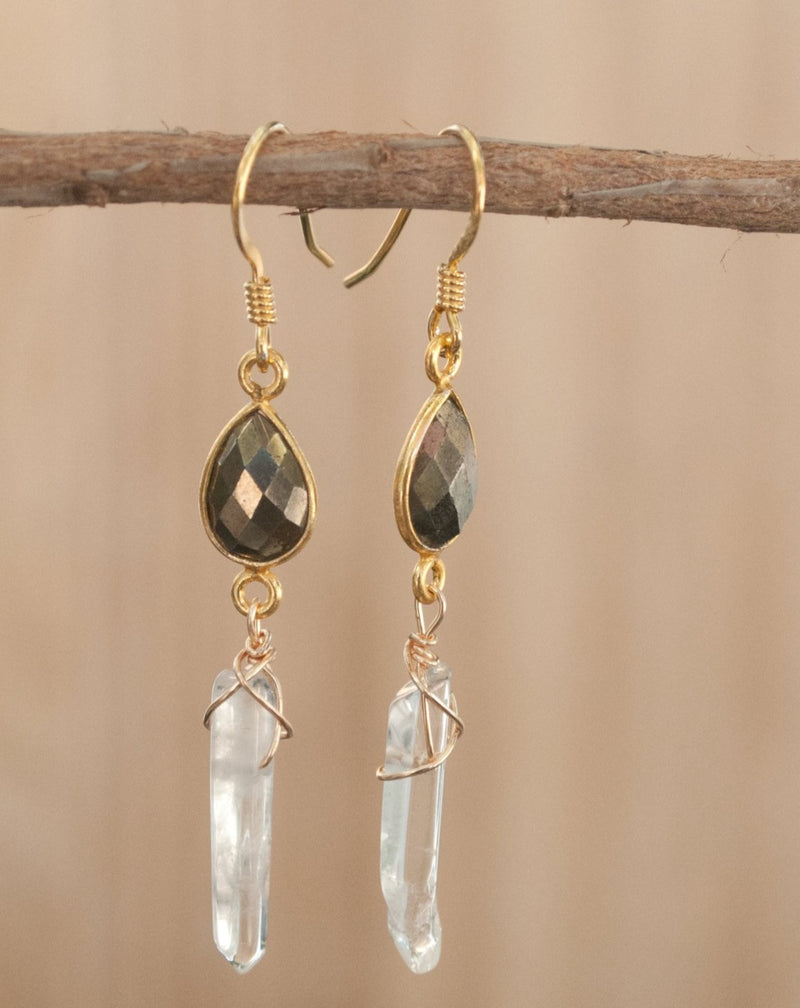 Sara Earrings * Pyrite & Crystal Quartz * Gold Vermeil * BJE144