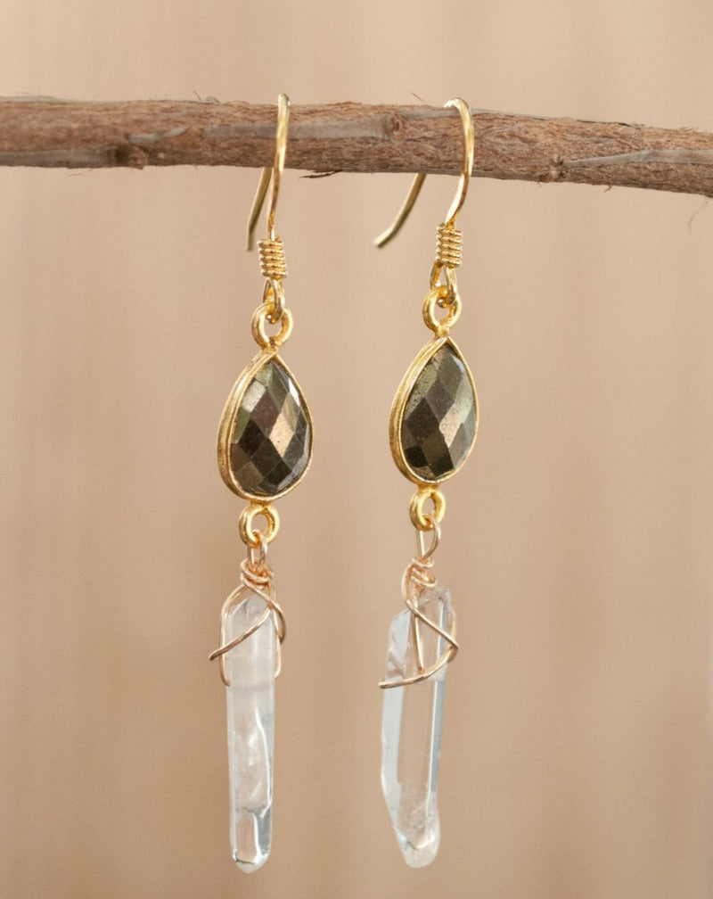 Sara Earrings * Pyrite & Crystal Quartz * Gold Vermeil * BJE144