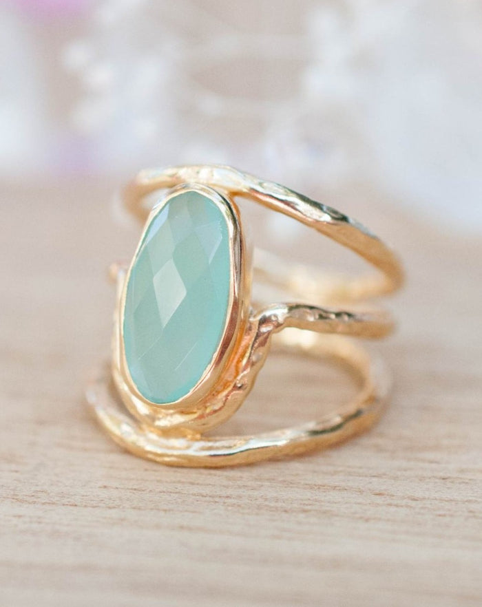 Gold Plated 18k Aqua Chalcedony * Gemstone Ring * Handmade * Statement * Natural * Organic*Gift for her*Jewelry*Bycila*May Birthstone*BJR060