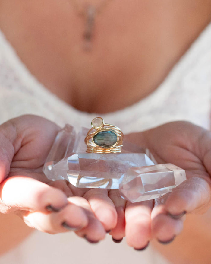 Gold Plated 18k Ring * Labradorite * Moonstone * Gemstones * Handmade * Statement * Natural * Organic * Gift for her * Jewelry*Bycila*BJR073