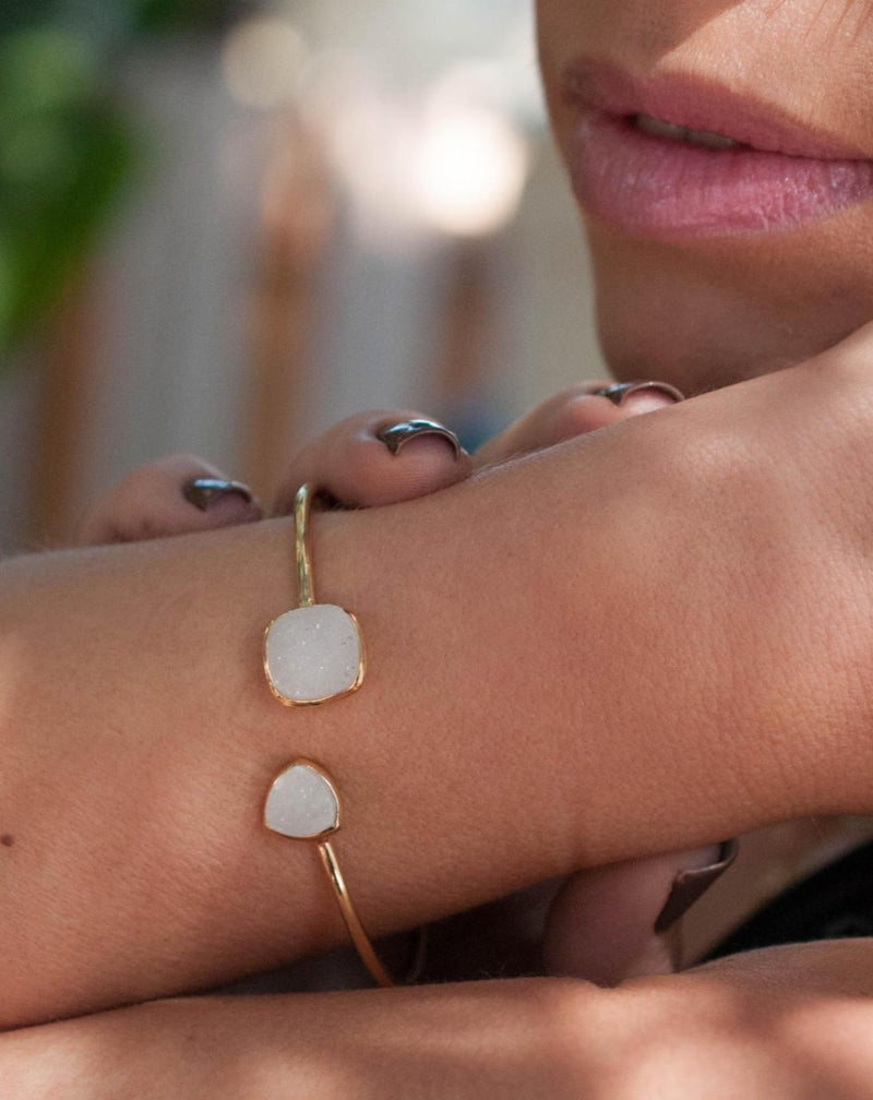 White Druzy Bohemian Bangle Bracelet *Gold Plated 18k or Silver Plated * Gemstone * Gypsy * Hippie *  Adjustable*Statement*Stacking *BJB007A