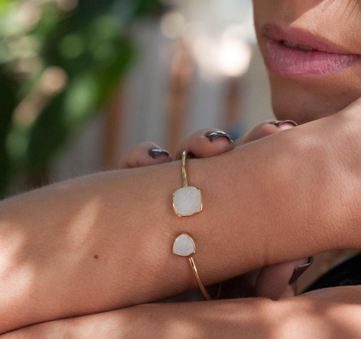 White Druzy Bohemian Bangle Bracelet *Gold Plated 18k or Silver Plated * Gemstone * Gypsy * Hippie *  Adjustable*Statement*Stacking *BJB007A