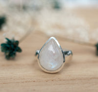 Rainbow Moonstone Ring * Sterling Silver 925 * Statement * Gemstone * White * Tear Drop * Natural * Organic * Boho * Bohemian * Chic BJR194