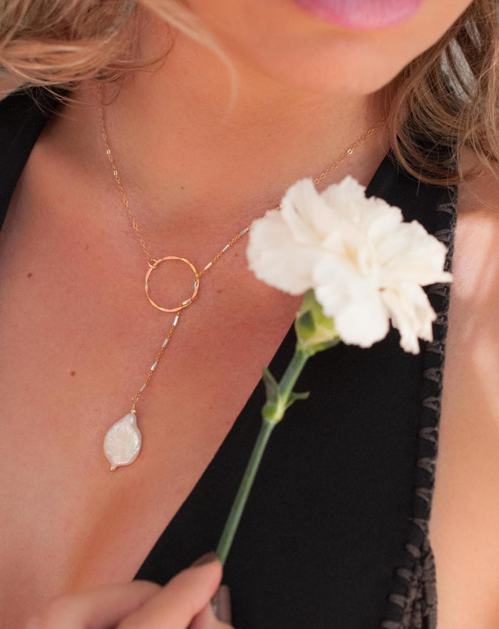 Adriana Lariat Necklace * Fresh Water Pearl * Mix Metals * BJN062
