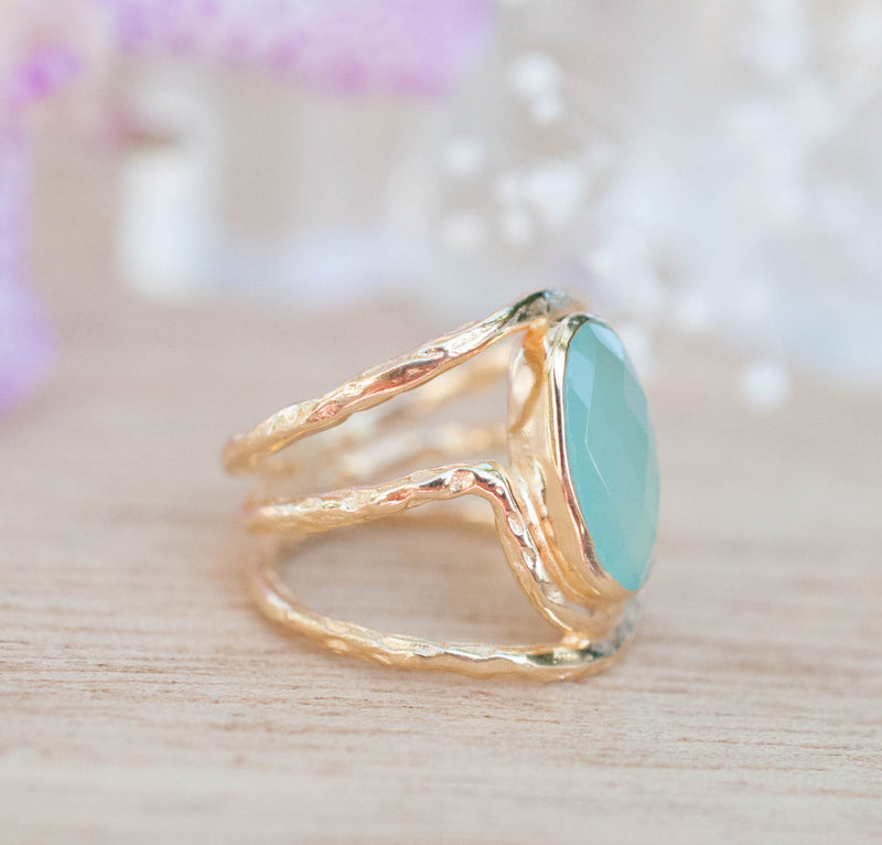 Gold Plated 18k Aqua Chalcedony * Gemstone Ring * Handmade * Statement * Natural * Organic*Gift for her*Jewelry*Bycila*May Birthstone*BJR060