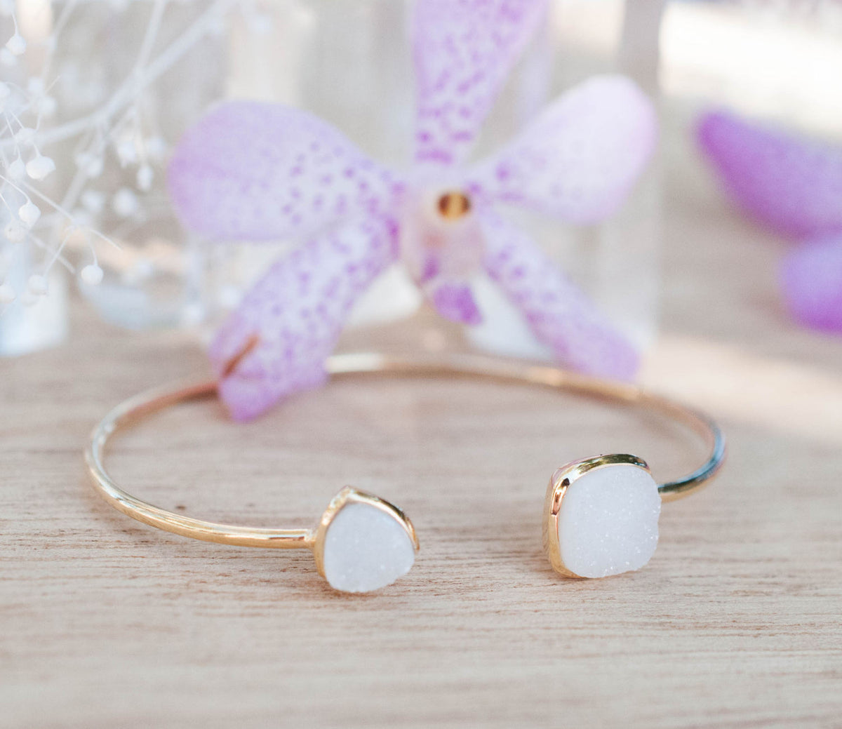 White Druzy Bohemian Bangle Bracelet *Gold Plated 18k or Silver Plated * Gemstone * Gypsy * Hippie *  Adjustable*Statement*Stacking *BJB007A