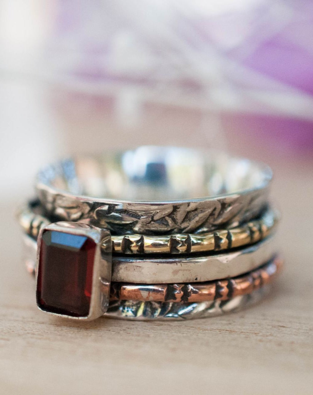 Garnet Ring * Meditation * Spinner * Spinning * Anxiety * Hammered * Worry * Boho * Spin * Thin Band *Sterling Silver *Copper *Bronze BJS020