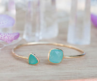 Aqua Chalcedony Bohemian Bangle Bracelet * Gold Plated 18k or Silver Plated *Gemstone * Gypsy * Adjustable * Statement * Stacking *BJB001F