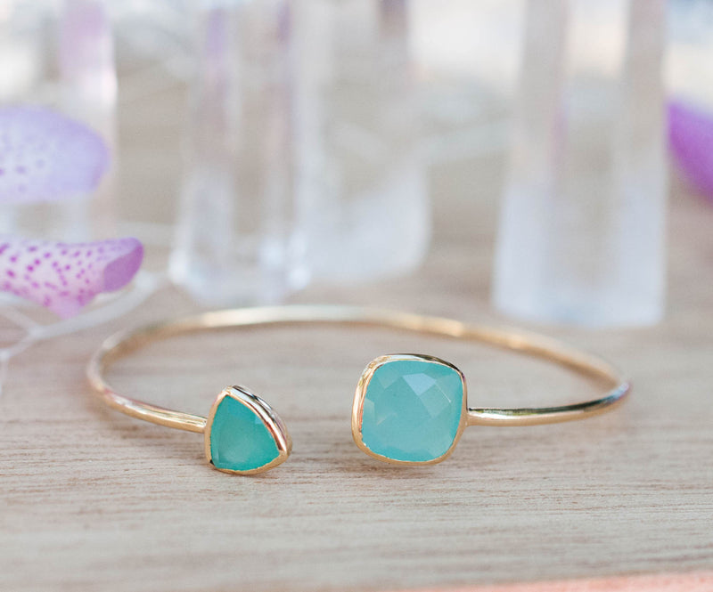 Aqua Chalcedony Bohemian Bangle Bracelet * Gold Plated 18k or Silver Plated *Gemstone * Gypsy * Adjustable * Statement * Stacking *BJB001F