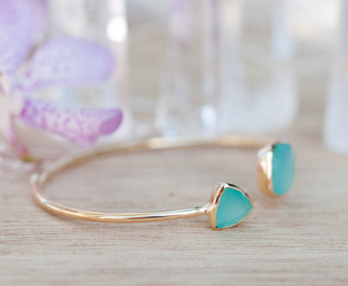 Aqua Chalcedony Bohemian Bangle Bracelet * Gold Plated 18k or Silver Plated *Gemstone * Gypsy * Adjustable * Statement * Stacking *BJB006A