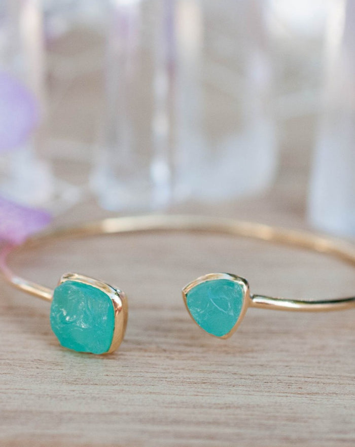 Rough Aqua Chalcedony Bangle Bracelet * Gold Plated 18k or Silver Plated* Gemstone * Adjustable * Statement * Stacking * Raw * BJB008A