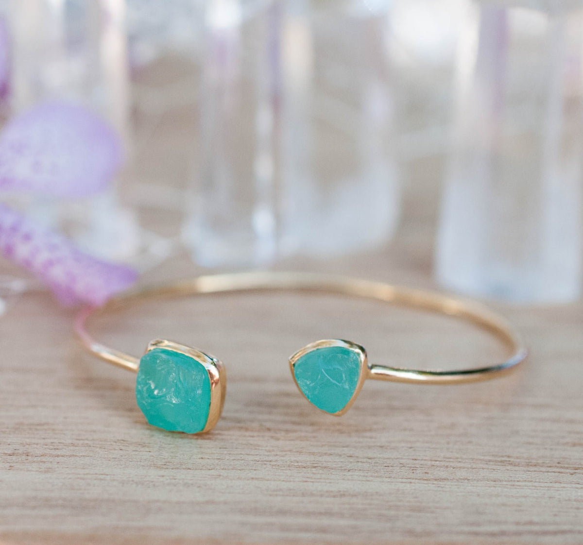 Rough Aqua Chalcedony Bangle Bracelet * Gold Plated 18k or Silver Plated* Gemstone * Adjustable * Statement * Stacking * Raw * BJB008A