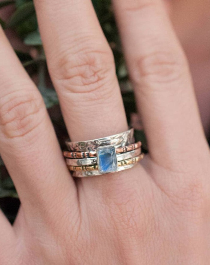 Rainbow Moonstone Spinner Ring *Meditation* Spinning * Anxiety *Hammered * Worry * Spin * Thin Band * Sterling Silver *Copper *Bronze BJS025
