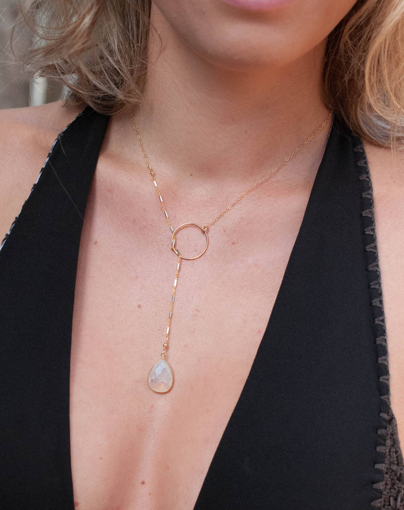Moonstone * Tear Drop * Lariat Necklace * Gold * Silver * Mix Metals * Gemstone * Statement * Bycila *Bridesmaid *BJN001-13L