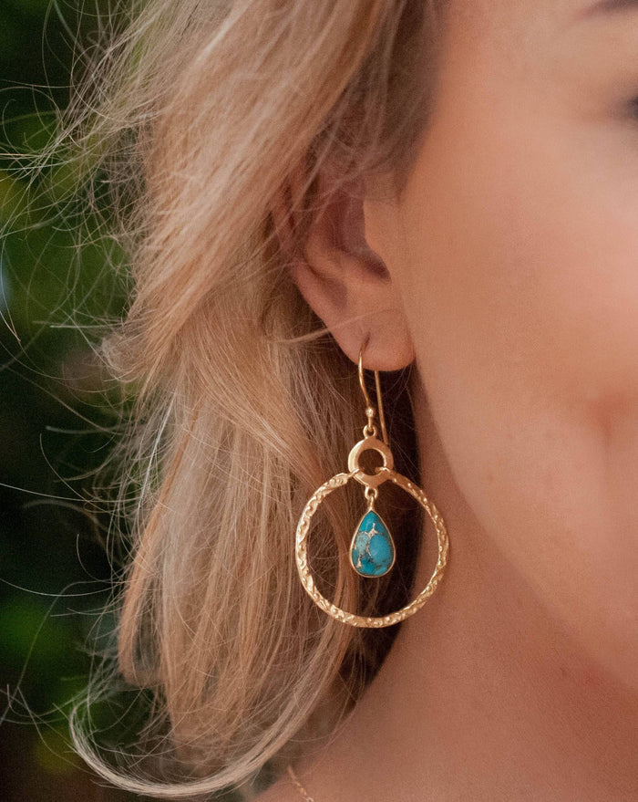 Copper Turquoise Gold Plated 18k Earrings * Geometric * Empty Circle * Handmade Gemstone * ByCila* Tear Drop * Dangle  * Boho * Gift* BJE022