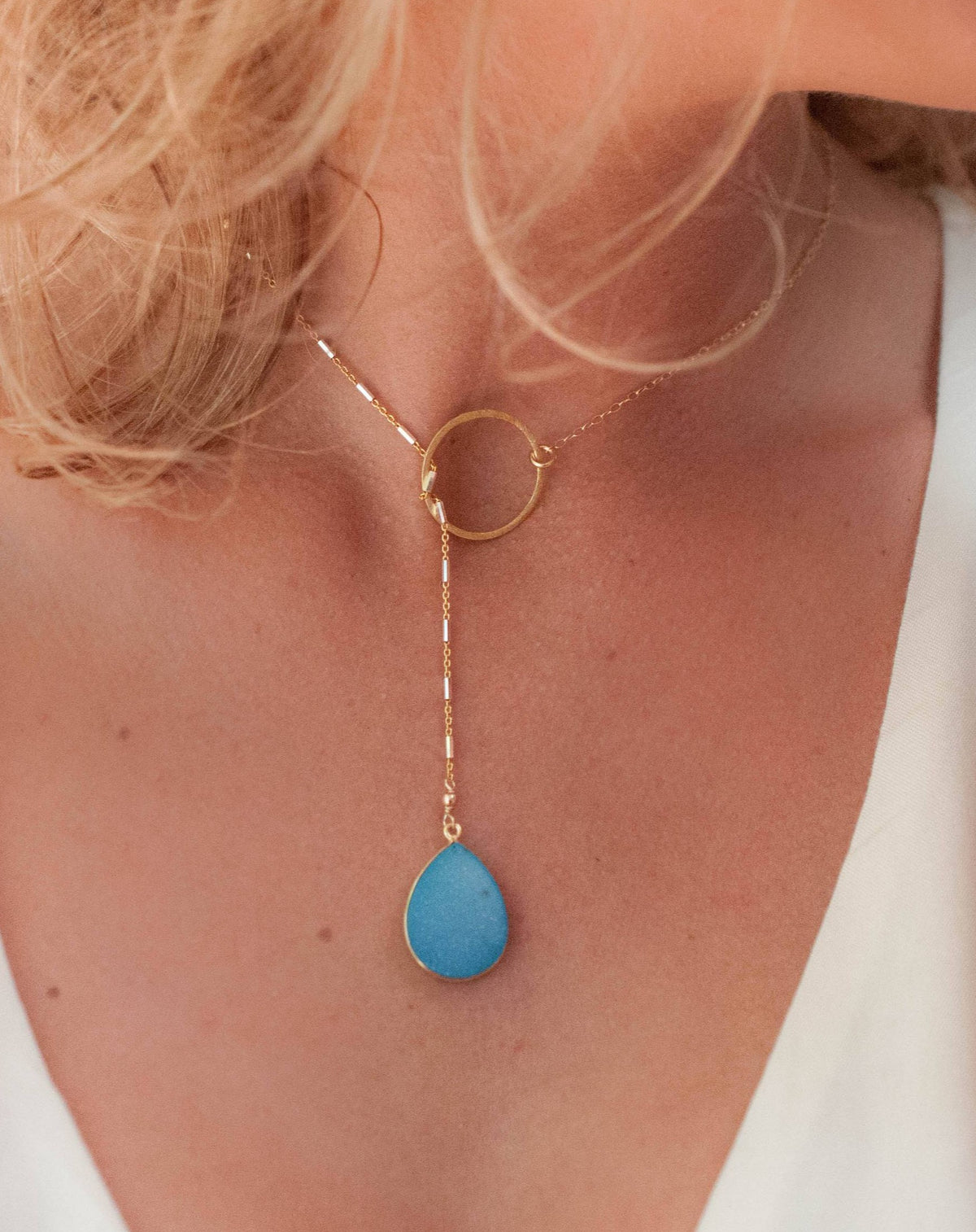 Blue Druzy * Tear Drop * Lariat Necklace * Gold * Silver * Mix Metals * Gemstone * Statement * Bycila *Bridesmaid *BJN001-21N