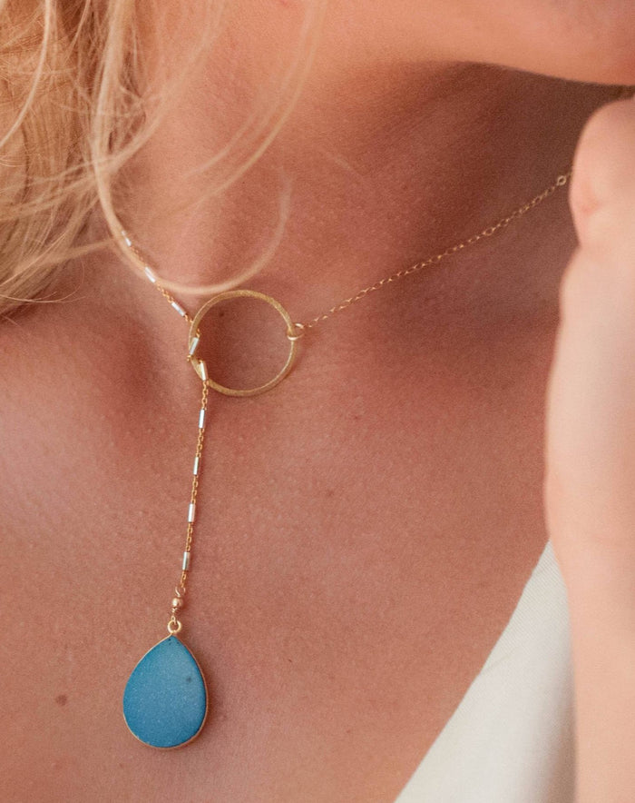 Blue Druzy * Tear Drop * Lariat Necklace * Gold * Silver * Mix Metals * Gemstone * Statement * Bycila *Bridesmaid *BJN001-21N