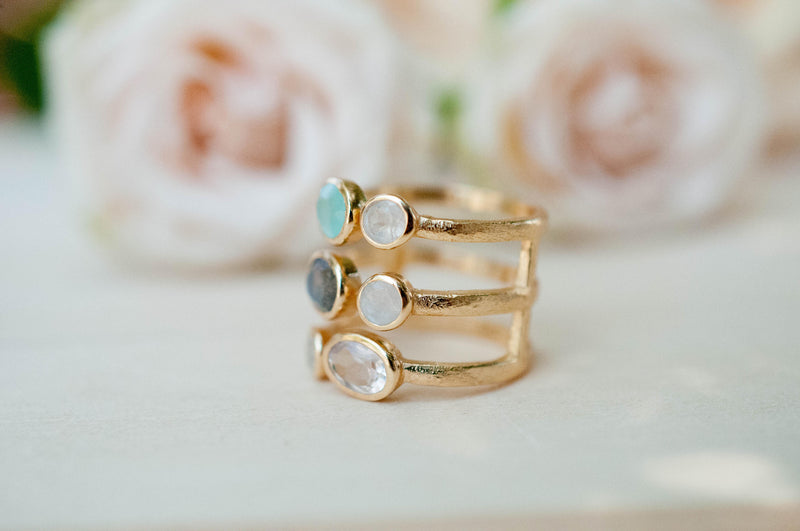 SALE Gemstones Gold Ring * Statement Birthstone* Gold Vermeil Ring * Amethyst * Labradorite * Moonstone * Teal Chalcedony * Aqua*BJR090