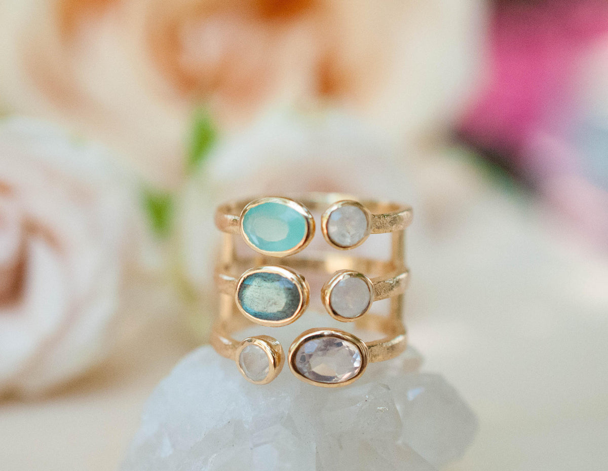 SALE Gemstones Gold Ring * Statement Birthstone* Gold Vermeil Ring * Amethyst * Labradorite * Moonstone * Teal Chalcedony * Aqua*BJR090