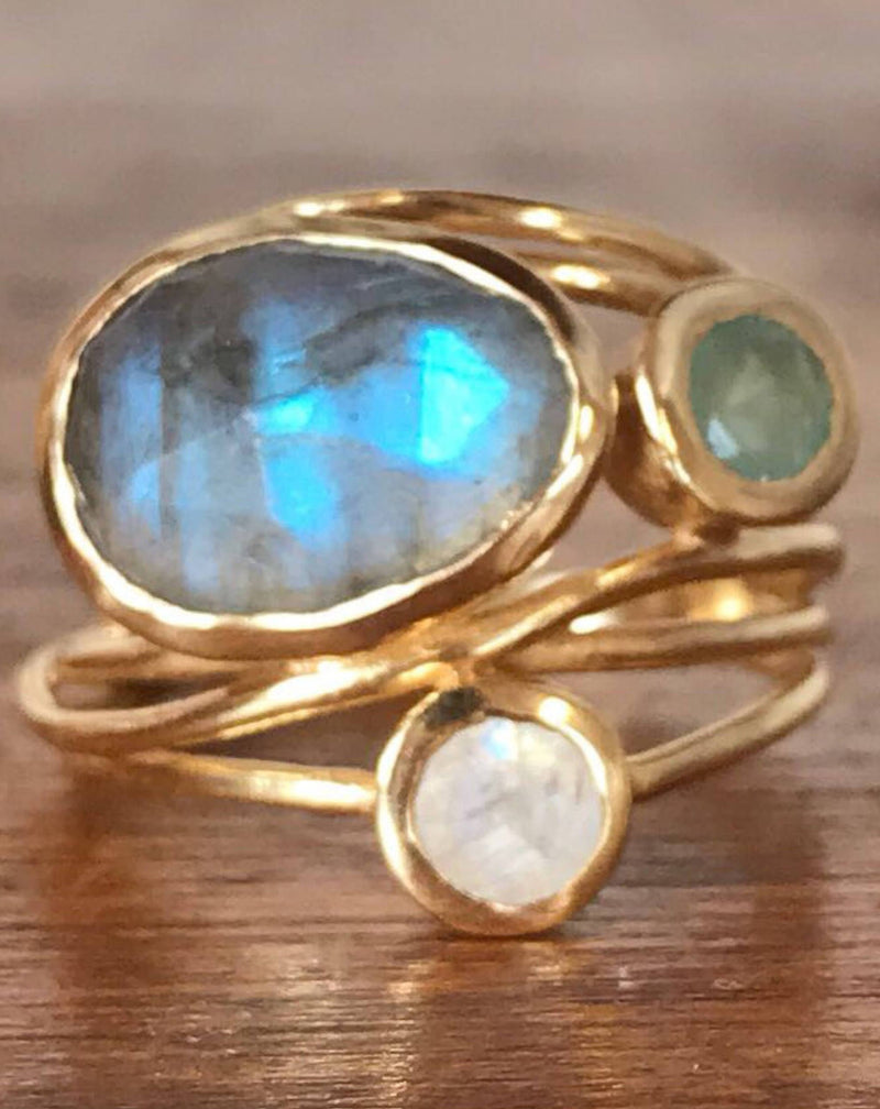 Gold Plated 18k Ring * Labradorite * Moonstone * Aqua Chalcedony *Gemstones * Handmade * Statement * Natural * Organic * Gift for her BJR100