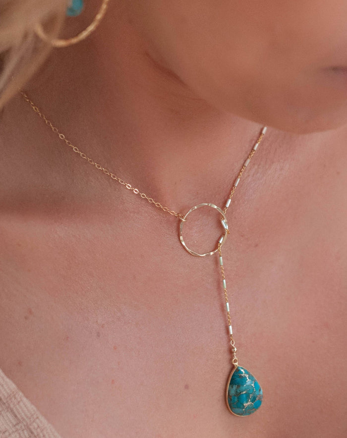 Copper Turquoise * Tear Drop * Lariat Necklace * Gold * Silver * Mix Metals * Gemstone * Statement * Bycila *Bridesmaid * BJN001-6E