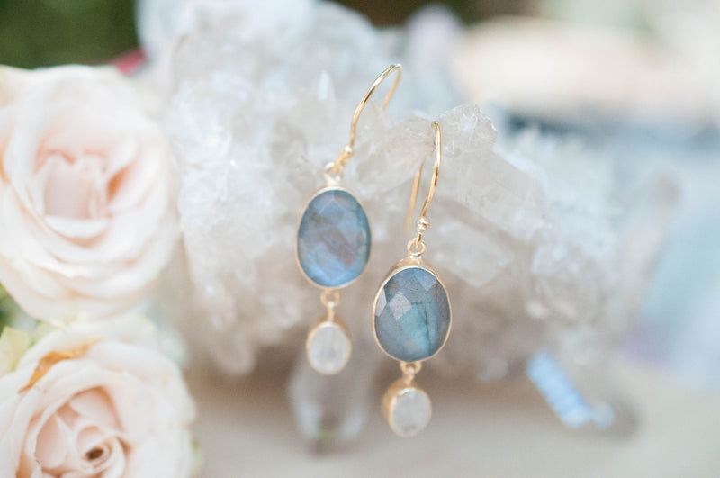 Karine Earrings * Labradorite & Moonstone * Gold Plated 18k * BJE071