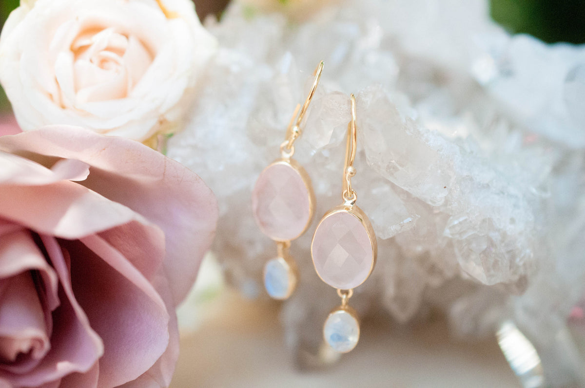 Karine Earrings * Rose Quartz & Moonstone * Gold Plated 18K * BJE073