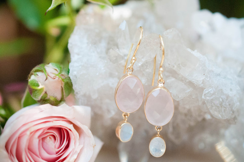 Karine Earrings * Rose Quartz & Moonstone * Gold Plated 18K * BJE073