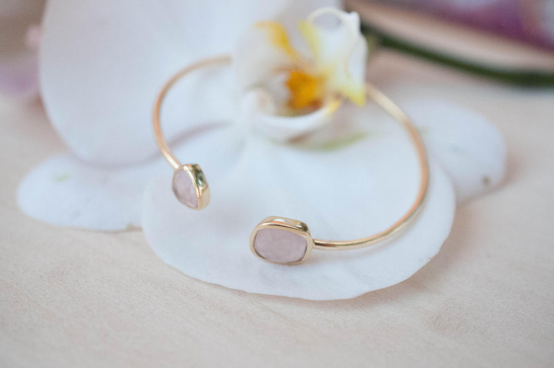 Rose Quartz Bangle Bracelet * Gold Plated 18k or Silver Plated * Gemstone * Gypsy * Hippie * Adjustable * Statement *  Stacking * BJB004B