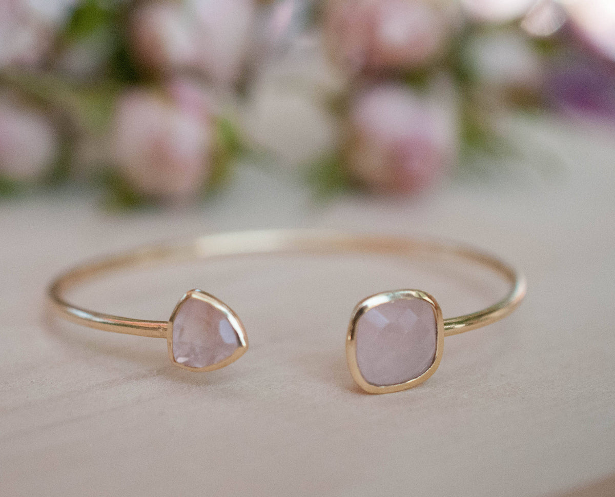 Rose Quartz Bangle Bracelet * Gold Plated 18k or Silver Plated * Gemstone * Gypsy * Hippie * Adjustable * Statement *  Stacking * BJB004B