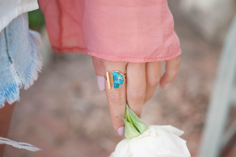 Adjustable Copper Turquoise Ring* Gold Vermeil * Boho * Blue * Gypsy * Handmade * Hippie * Bohemian * Jewelry * Half Moon * BJR112