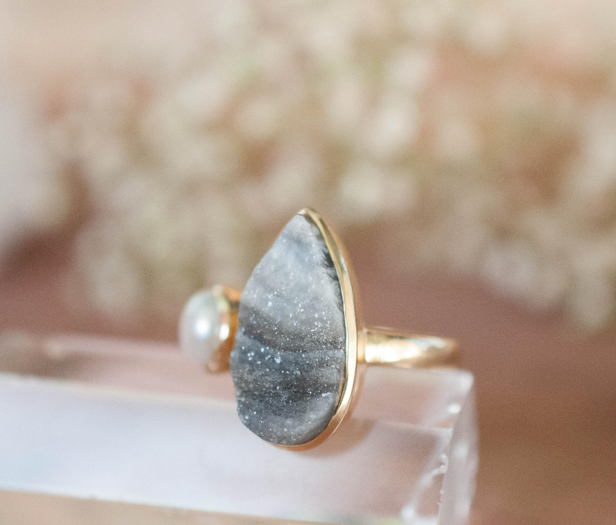 S A L E ** Chalcedony Desert Druzy & Pearl Ring * Gold * Statement *Gemstone * Fresh Water Pearl *Organic* Raw * Handmade*Tear Drop BJR231