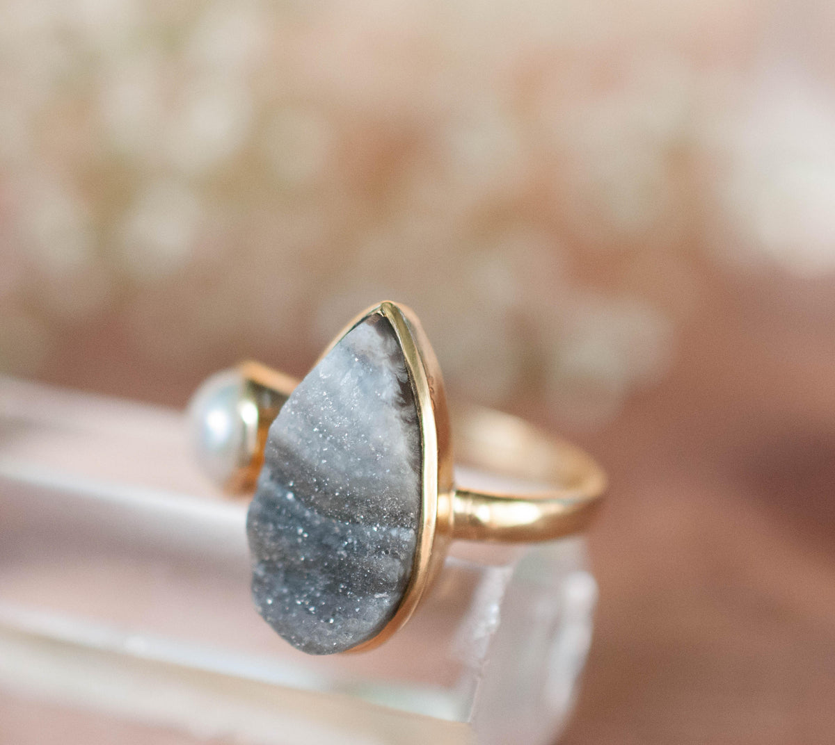 S A L E ** Chalcedony Desert Druzy & Pearl Ring * Gold * Statement *Gemstone * Fresh Water Pearl *Organic* Raw * Handmade*Tear Drop BJR231
