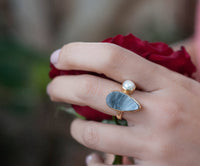 S A L E ** Chalcedony Desert Druzy & Pearl Ring * Gold * Statement *Gemstone * Fresh Water Pearl *Organic* Raw * Handmade*Tear Drop BJR231
