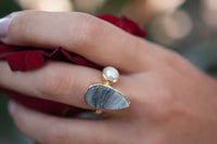 S A L E ** Chalcedony Desert Druzy & Pearl Ring * Gold * Statement *Gemstone * Fresh Water Pearl *Organic* Raw * Handmade*Tear Drop BJR231