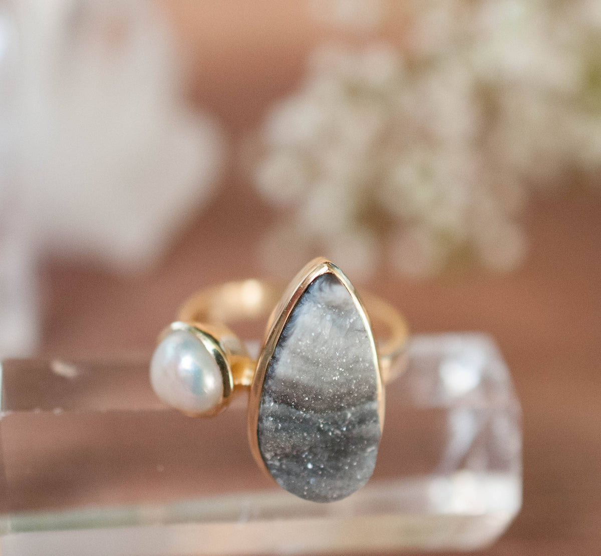 S A L E ** Chalcedony Desert Druzy & Pearl Ring * Gold * Statement *Gemstone * Fresh Water Pearl *Organic* Raw * Handmade*Tear Drop BJR231