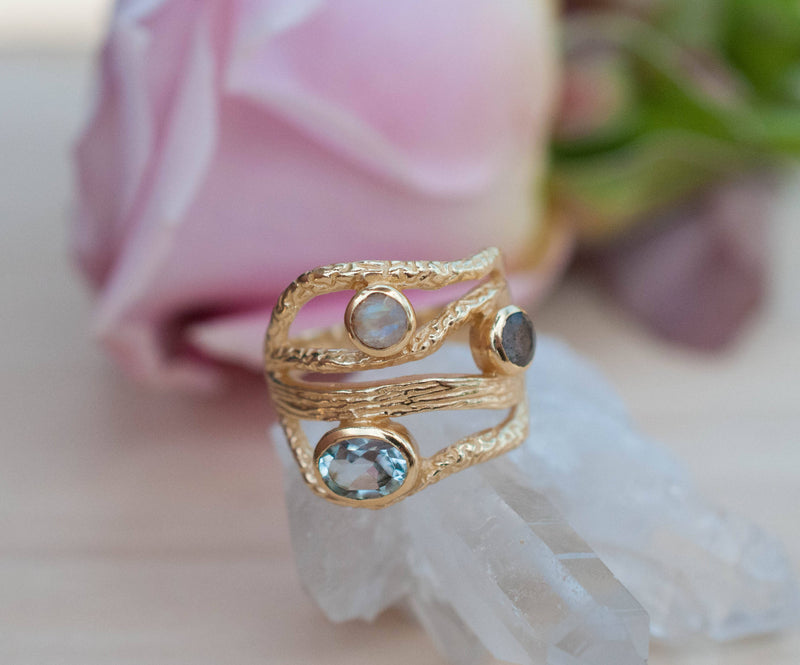 Labradorite , Moonstone & Blue Topaz Gold Plated 14k Ring  *Gemstones * Handmade * Statement * Natural * Organic * Gift for her BJR018